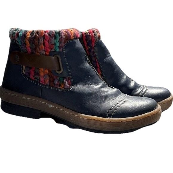 Blue Leather Ankle Booties Boots Women's 8 Rieker Hiking Boho Hippie Multicolor - Picture 1 of 11